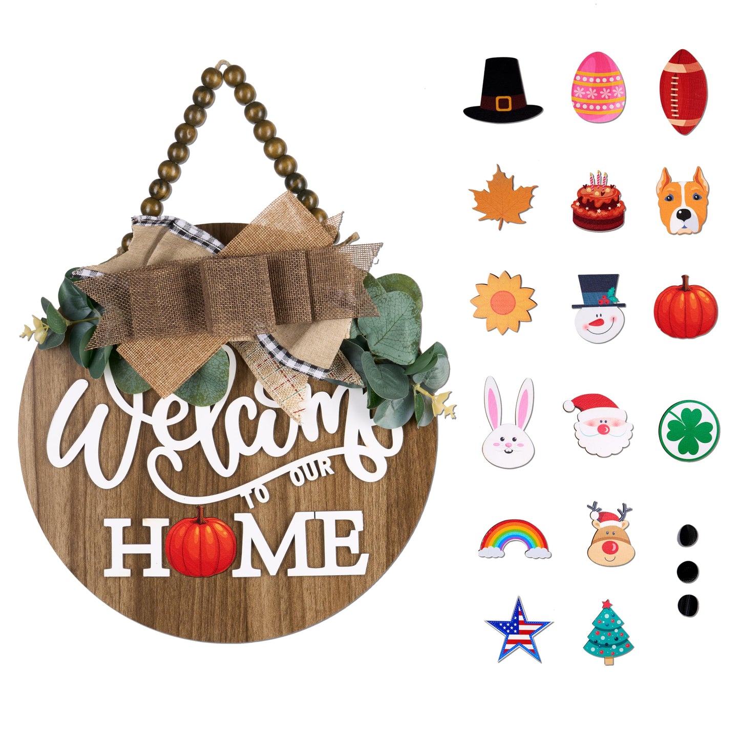 CondorPasea Interchangeable Welcome Door Sign with 16 Different Replaceable Patterns - 12" Round 3D Rustic Wooden Front Porch Decor, Artificial Leaves & Rustic Beads, Farmhouse/Classroom All Seasons Holiday (Christmas Halloween) Welcome Home Hanging Sign