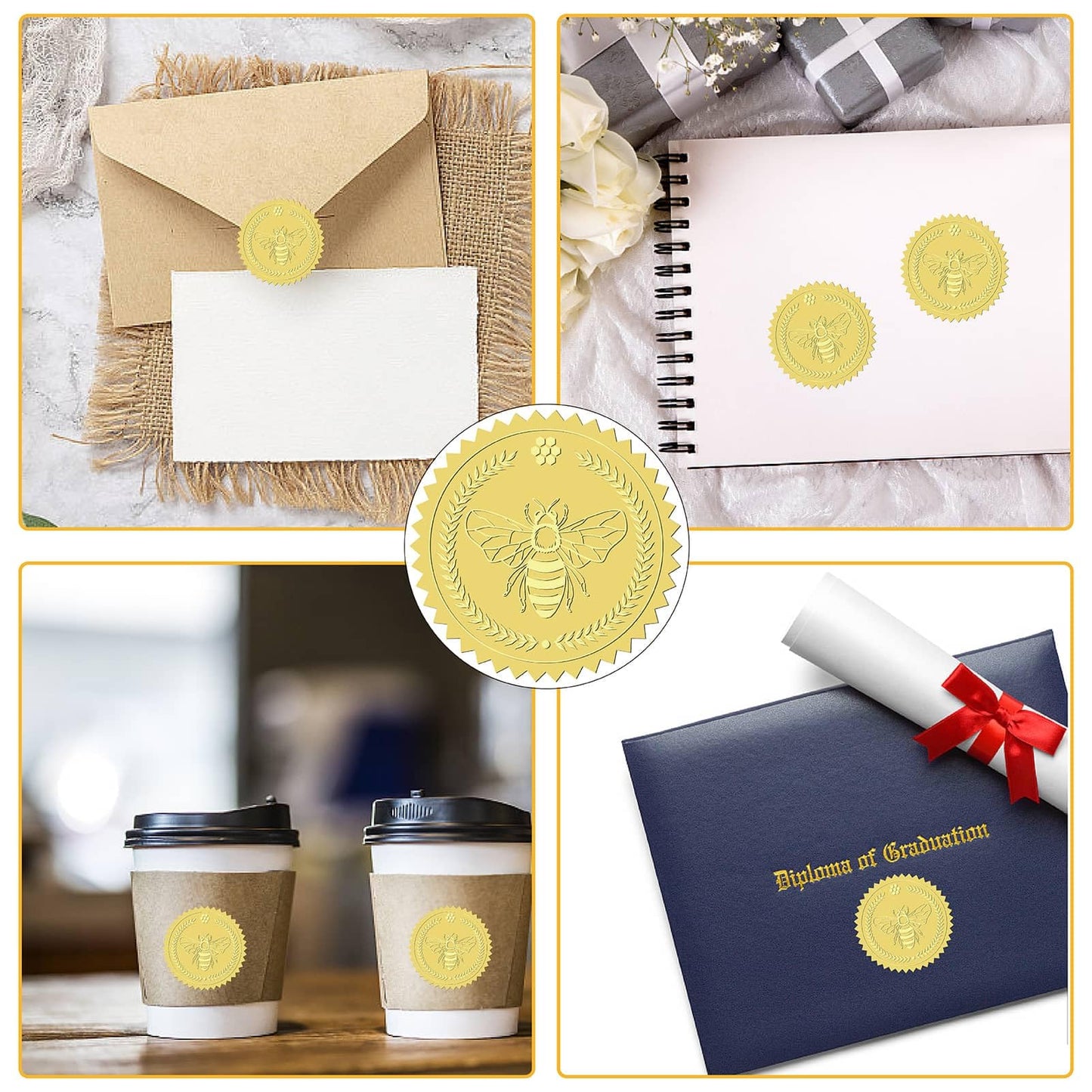 CRASPIRE 408Pcs Bee Gold Foil Embossed Stickers 2" Self Adhesive Envelopes Seals Sticker Bumblebee Labels for Wedding Invitation Graduation Corporate Certificates Diplomas Gift Wrapping Decor