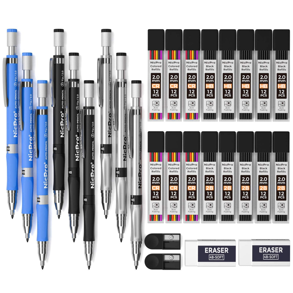 Nicpro 29 Pieces 2mm Mechanical Pencil Set, 9 PCS Drafting Carpenter Pencils 2.0 mm for Art Drawing Sketching construction with 192 Lead Refills Pre-Sharpen HB & 2B & Colors, 2 Erasers, 2 Sharpener