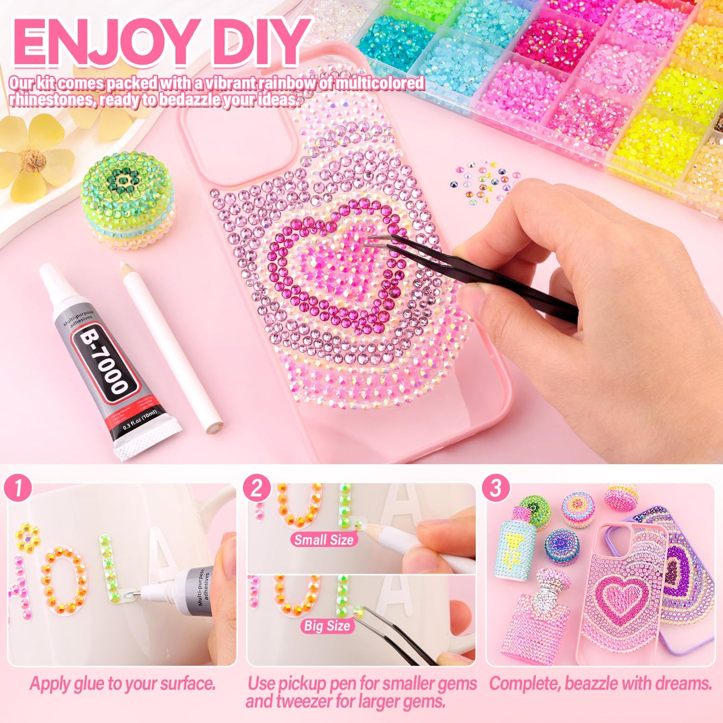 40000Pcs Resin Rhinestones for Bedazzling Kit, 2 Boxes Multicolor 3mm & Clear 3/4/5/6mm Bedazzled Crystal, Flatback Gems with 3Pcs 10ml B7000 Jewelry Glue for DIY Crafts Clothing Nail Art Makeup