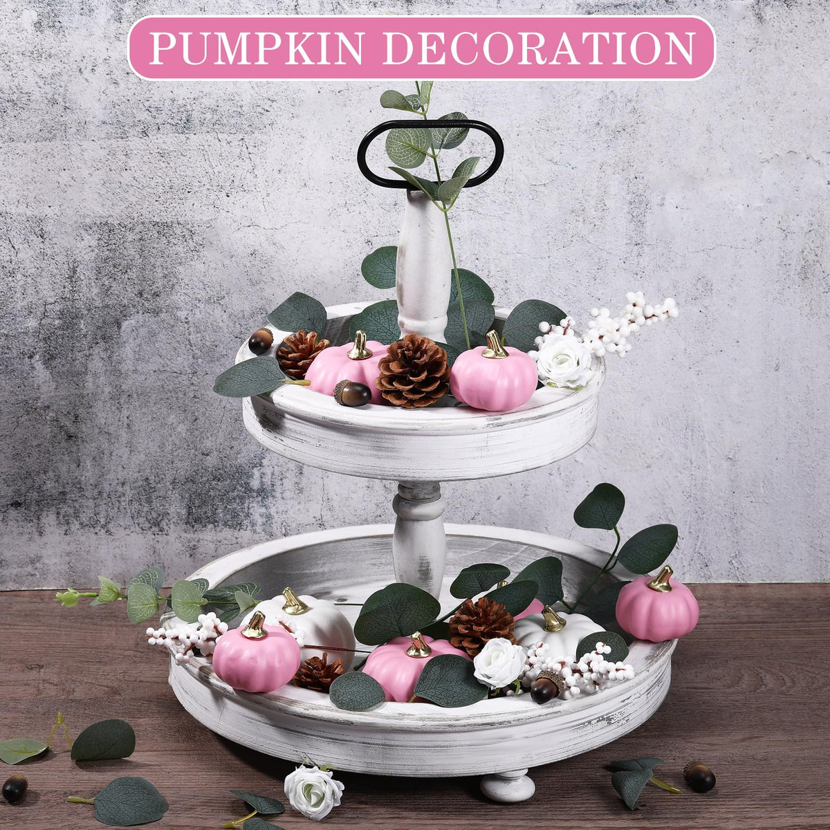 Artificial Pumpkin Eucalyptus Leaves Fall Decor, 56 PCS Fall Harvest Decorations for Halloween Thanksgiving with Pumpkins Acorns Pinecones Berries Leaves for Farmhouse Table Tiered Tray(White,Pink)