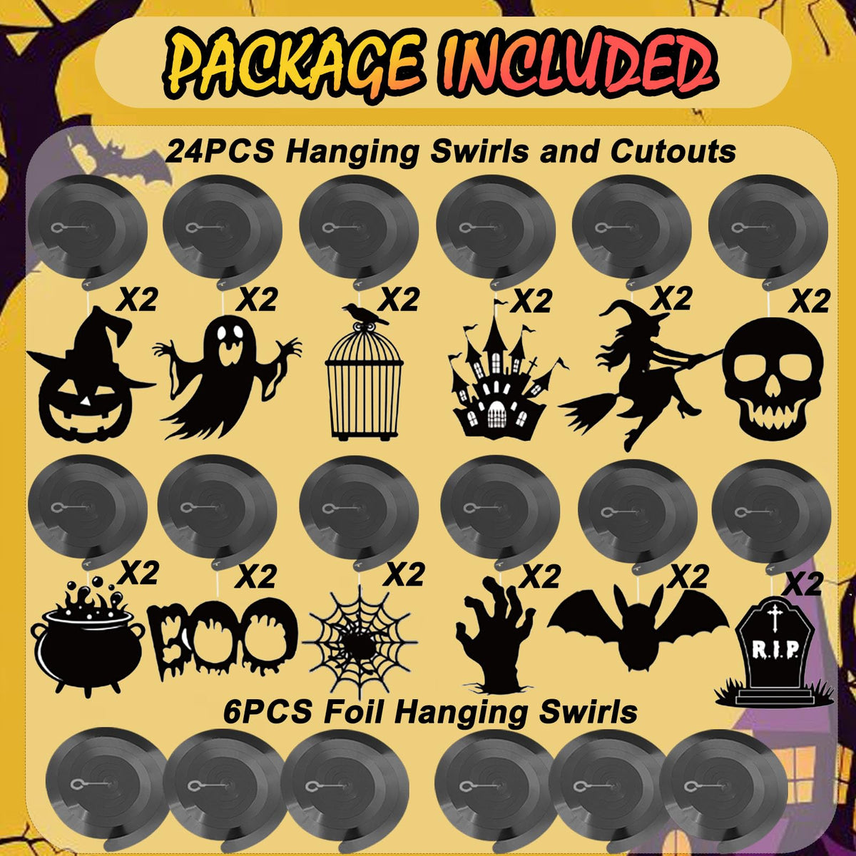 Halloween Hanging Swirls Decorations, LMSHOWOWO 30PCS Foil Hanging Ceiling Swirls Streamers with Black Spooky Ghost Witches Bat for Halloween Home Classroom Office Tree Door Porch Ceiling Decor