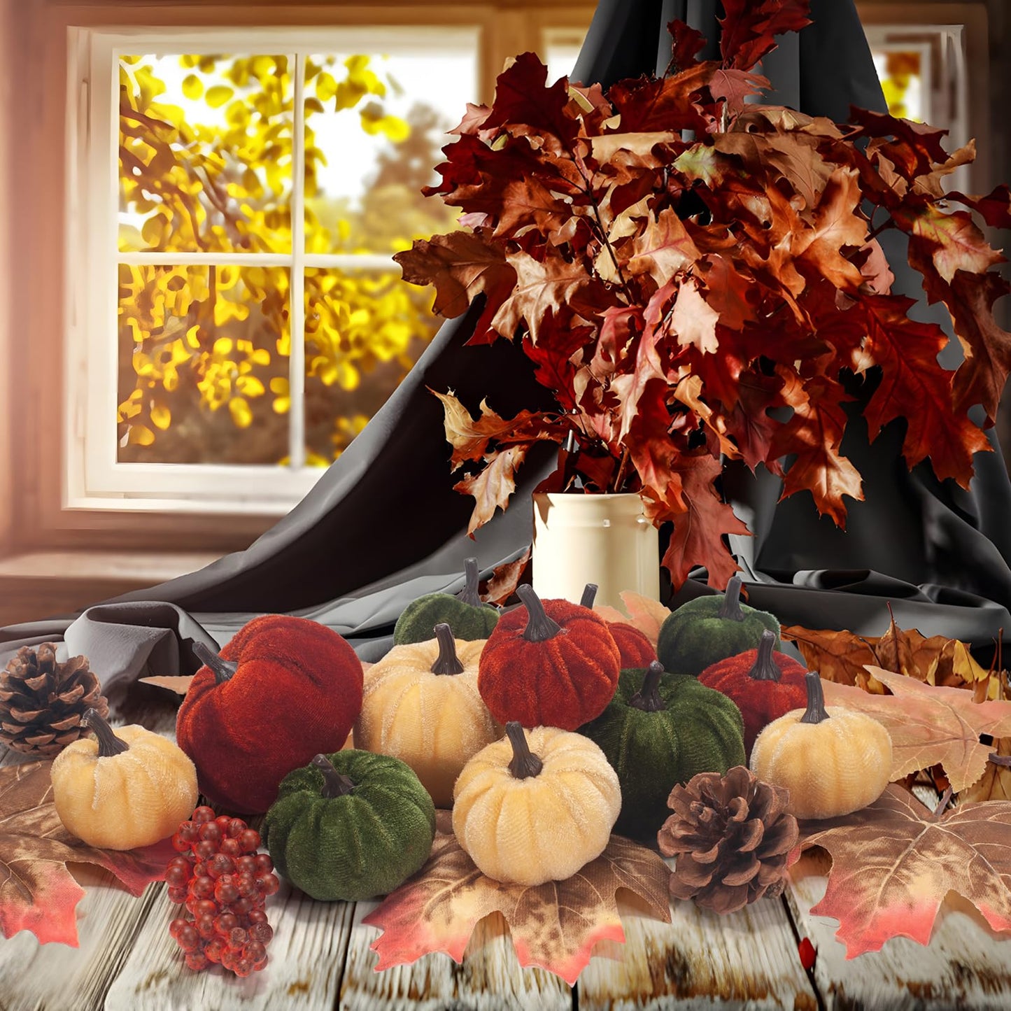 GHGMAO 21 PCS Pumpkins Decor Set, 3 Sizes Fake Velvet Pumpkin, Dark Green Brown Gold Small Foam Pumpkins for Thanksgiving Farmhouse Fall Harvest Autumn Decorations Table Centerpiece