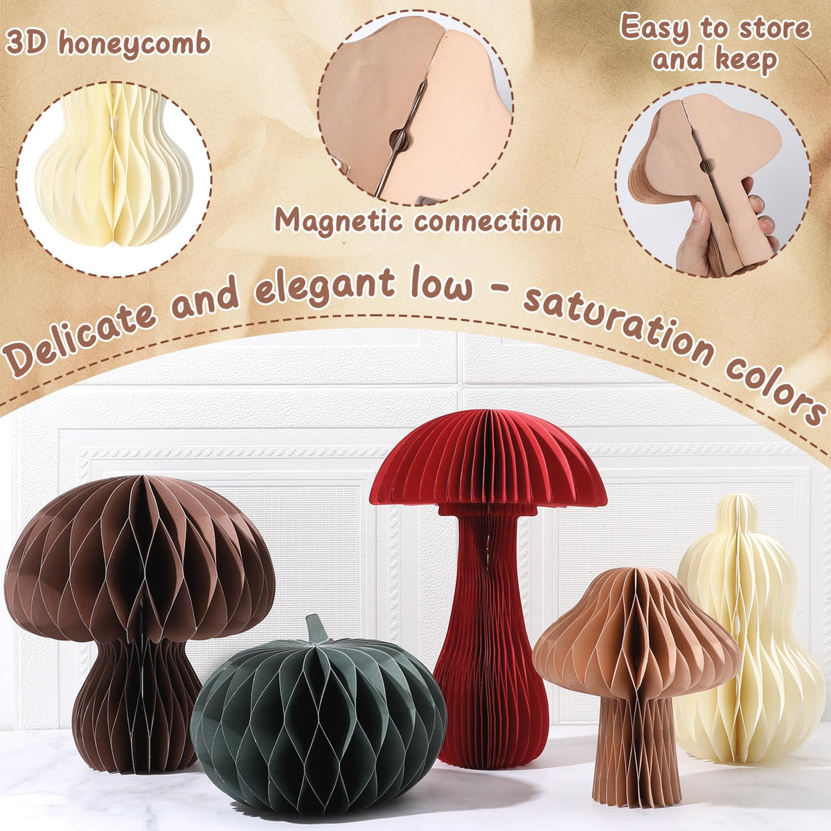 6 PCS Fall Honeycomb Centerpieces Decorations 3D Paper Pumpkin Mushroom Table Decor with Magnet for Thanksgiving Autumn Holiday Party Home Kitchen Table Decorations