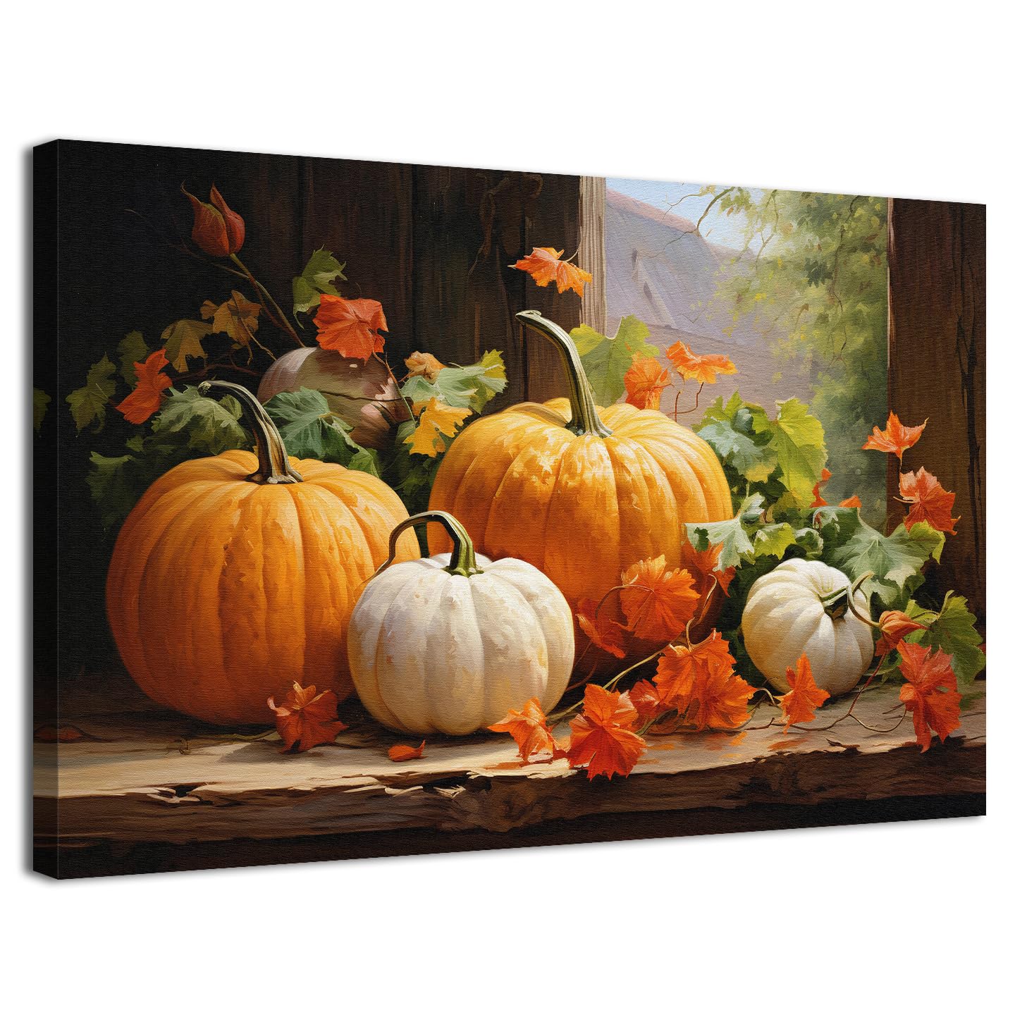 Pumpkin Canvas Wall Art Fall Pictures Maple Leaf Autumn Thanksgiving Wall Decor Rustic Halloween Themed Wall Framed Prints Modern Artwork for Living Room Kitchen Bedroom Dinner Home Decorations 24x36”