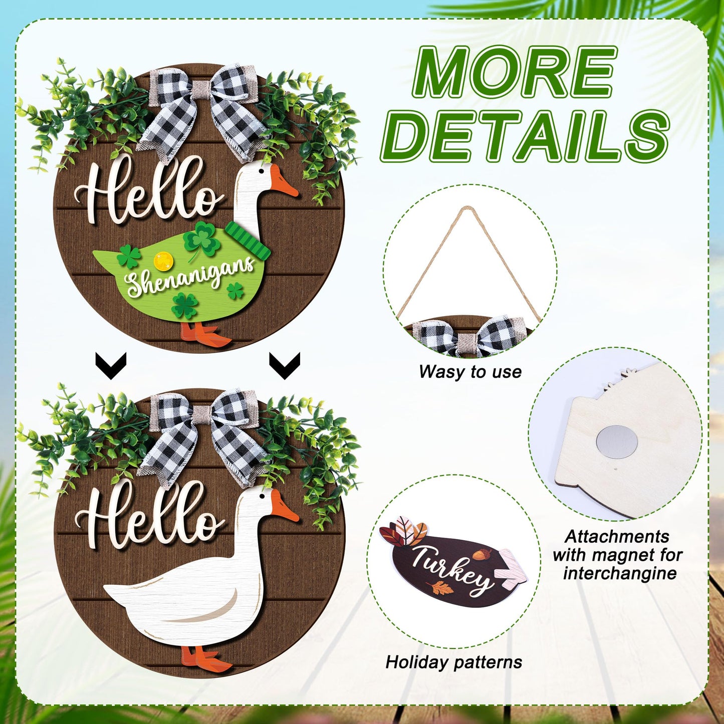 Weysat 13 Pcs Interchangeable Wooden Goose Decor, 11.8 Inch Holiday Seasonal Welcome Changeable Hello Geese Signs Rustic Farmhouse Front Door Round Wreaths Hanging Decorations for Porch Home Outdoor