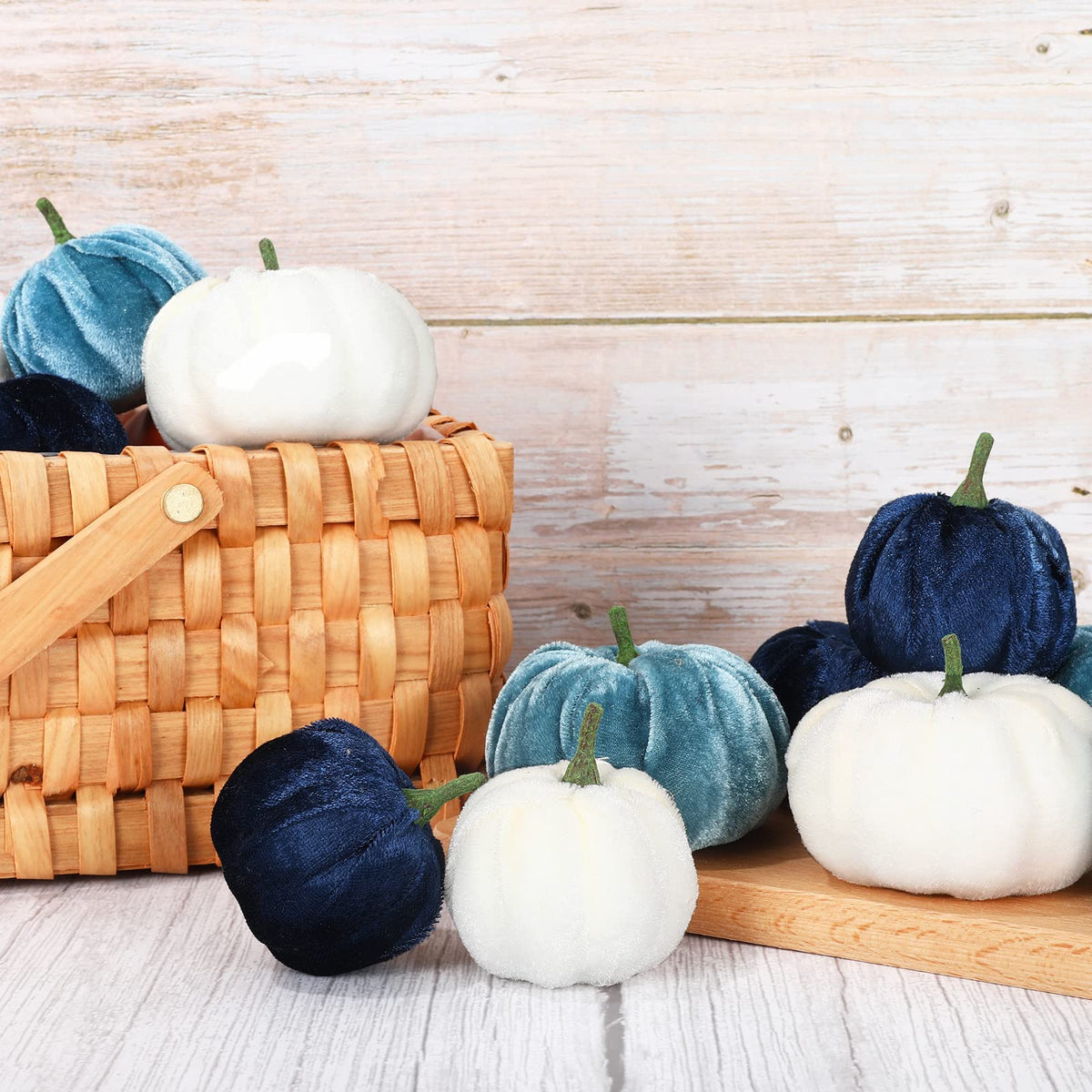 Whaline 12Pcs Fall Thanksgiving Velvet Pumpkin Blue White Artificial Pumpkins 2 Sizes Fake Fabric Pumpkin Autumn Harvest Table Centerpiece for Thanksgiving Halloween Party Mantel Farmhouse Decor