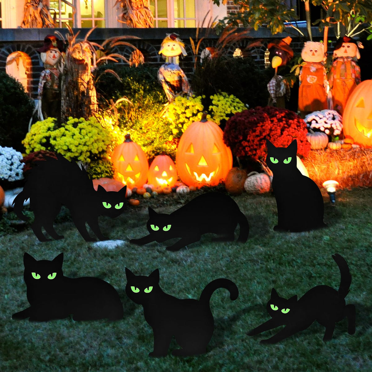 6 Pack Halloween Black Cat Yard Signs with Glowing Eye Stickers – Large Scary Cat Silhouette Decorations for Outdoor Lawn, Fence, Garden, Haunted House, Halloween Party Decor