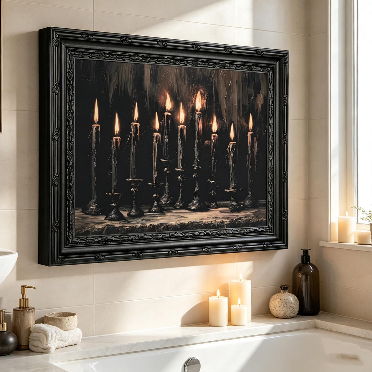 Framed Halloween Candle Canvas Wall Art,Dark Moody Painting Picture Wall Decor,Gothic Poster Print Art,for Bathroom Living Room Gallery Home Decoration 9x11in