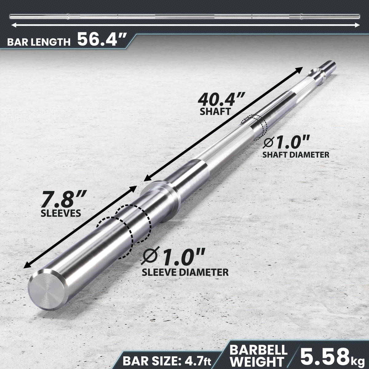 Synergee 1" Olympic Barbell Standard Weightlifting Barbell. 4.7'-foot Bar Weighing 5.58 KG/12.3 LB. Compatible with 1”-Opening Plates.