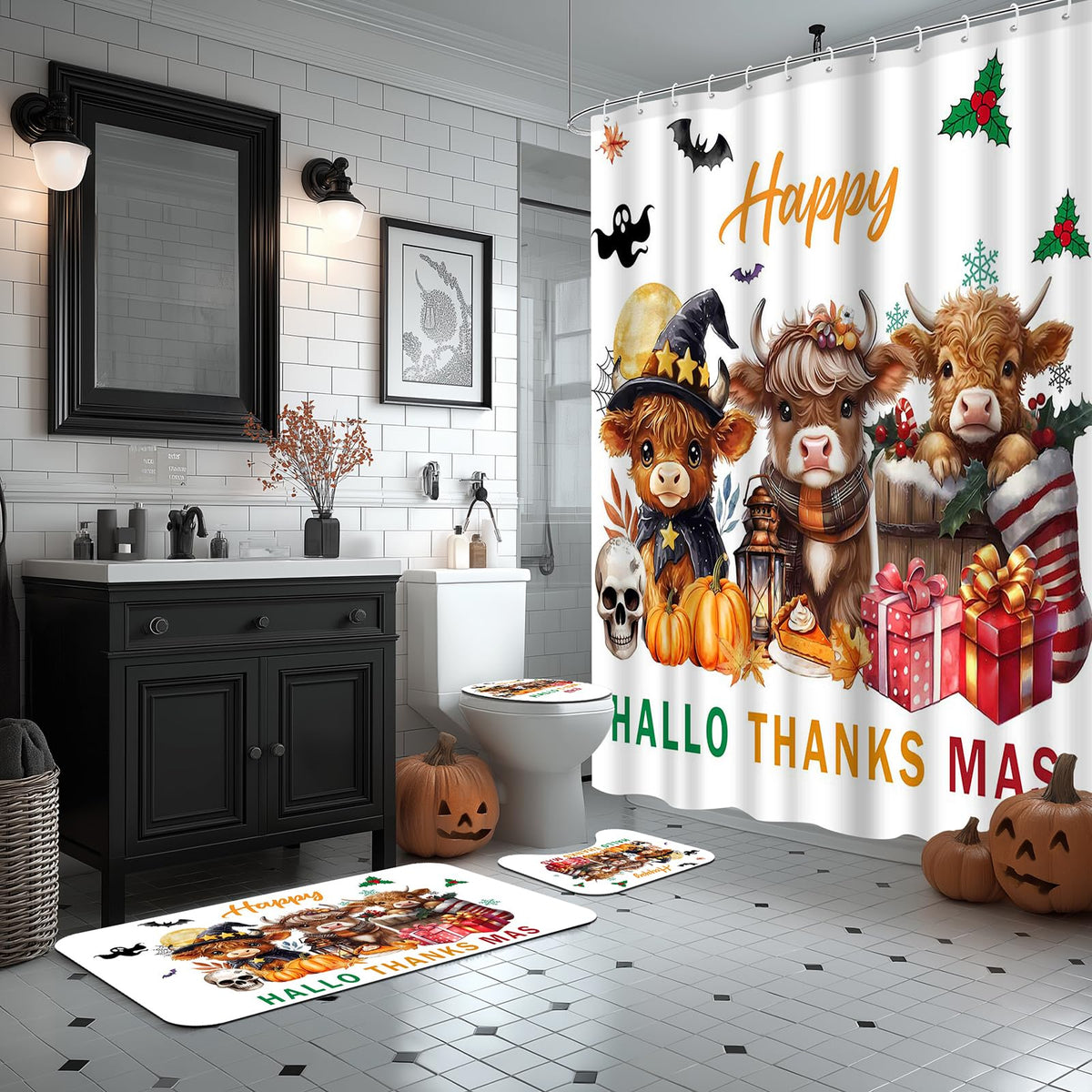 Aperturee Highland Cattle Calves Shower Curtain Set 72x72 Inch, Witch & Autumn Costumes with Halloween, Thanksgiving & Christmas Decor, Includes Bath Mat, U-Shape Rug, Toilet Cover & 12 Rustic Hooks