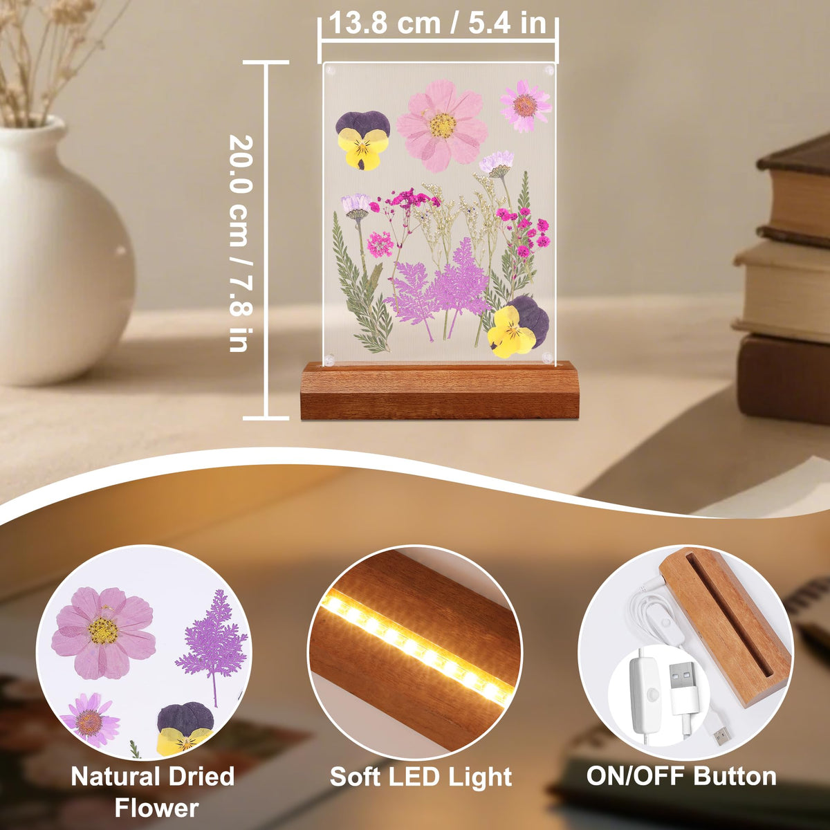 Okayera Dry Flower Frame Night Light, Bedroom DIY Pressed Flowers Kits Lamp With Sapele Wood Base, Home Living Room Decoration Gifts Idea For Mother Friend Lover