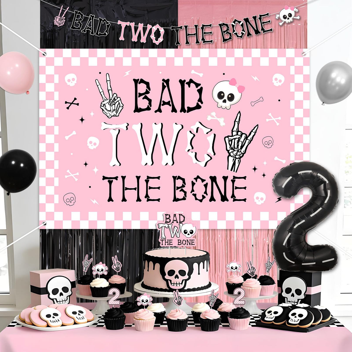 kreat4joy Bad Two The Bone Party Decoration Pink, Skeleton Theme Backdrop Banner Cake Cupcake Topper Table Cloth Hat Fringe Curtain Latex Balloon Garland Arch Kit for Girl 2nd Birthday Decoration