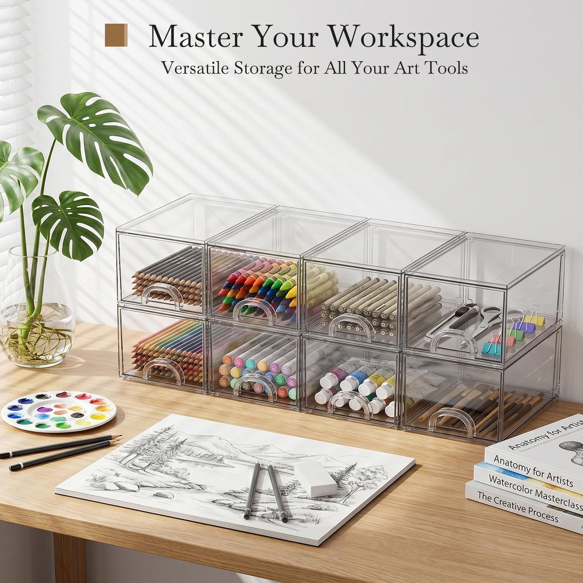 Zeawec 8 Pack Small Clear Stackable Acrylic Storage Boxes for Art Tool & Sketch, Storage Drawers, Storage Organizer, Clear Plastic Makeup Organizer, Ideal for Vanity, Cabinet, Desk Organization