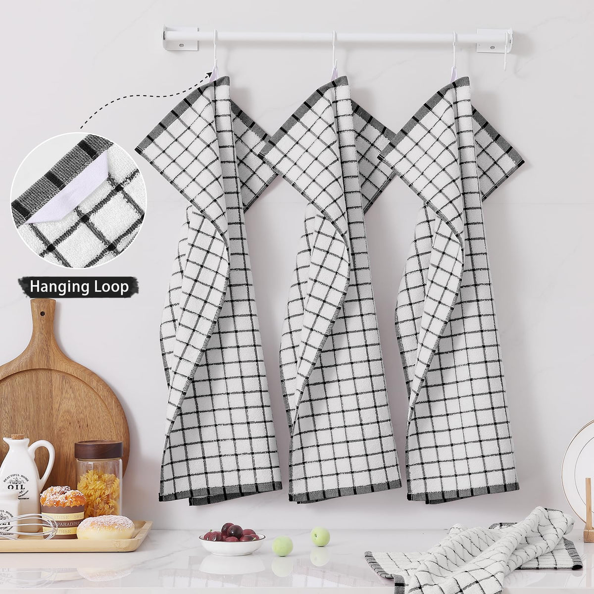 Homaxy Premium Kitchen Towels(16”x 28”, 6 Pack), Large Ring Spun Cotton Dish Towels, Super Absorbent Soft Terry Kitchen Hand Towels, Check Design Tea Towel Set with Hanging Loop, Black