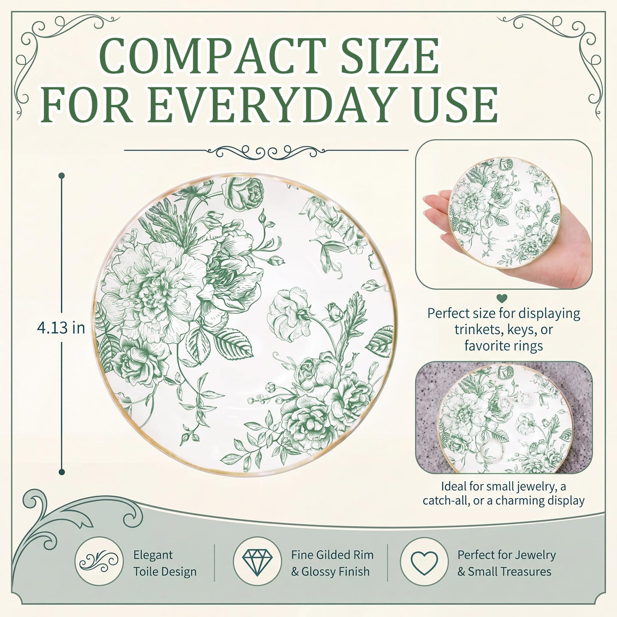 Mifoci Floral Ceramic Jewelry Tray Ring Holder Trinket Dish for Rings Earrings Necklaces Tray Gift for Women Girls(Green)