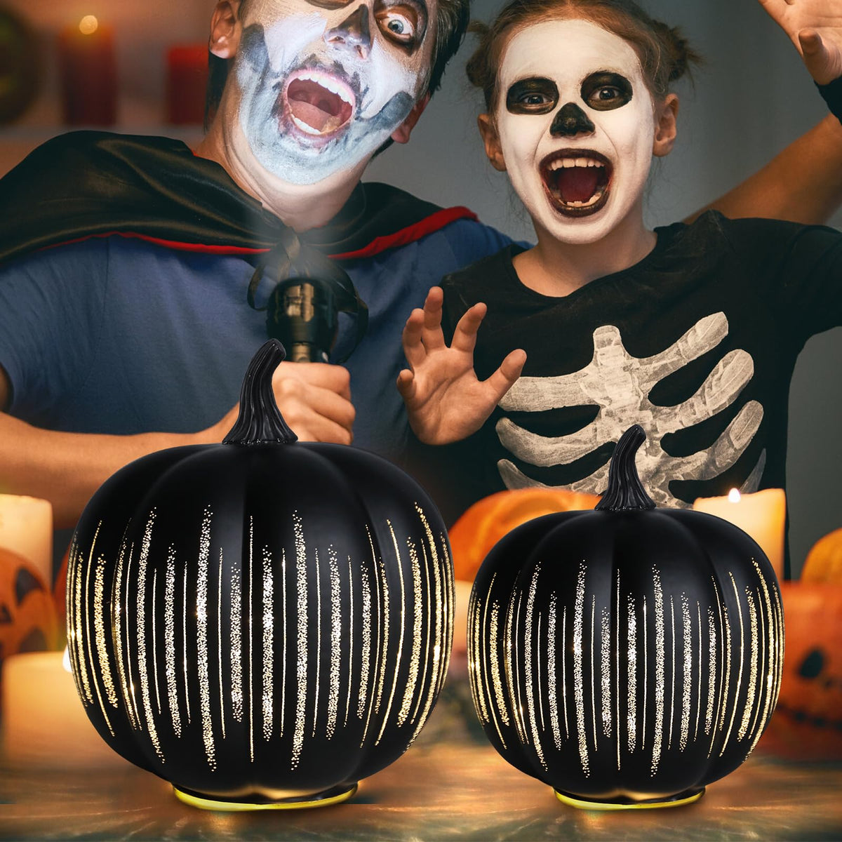Halloween Decorations Indoor Halloween Pumpkins Illuminated Starry Night Fall Glass Pumpkin for Thanksgiving Fireplace Tabletop Party Home Bedroom Decor Gift 2 Pack