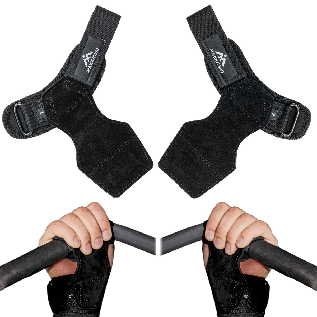 MaxOut360 Lifting Grips for Weight Lifting, Powerlifting & Weightlifting Grips with Enhanced Grip, Double Layer Leather Gym Grips for Deadlifts & Back Workouts, Black