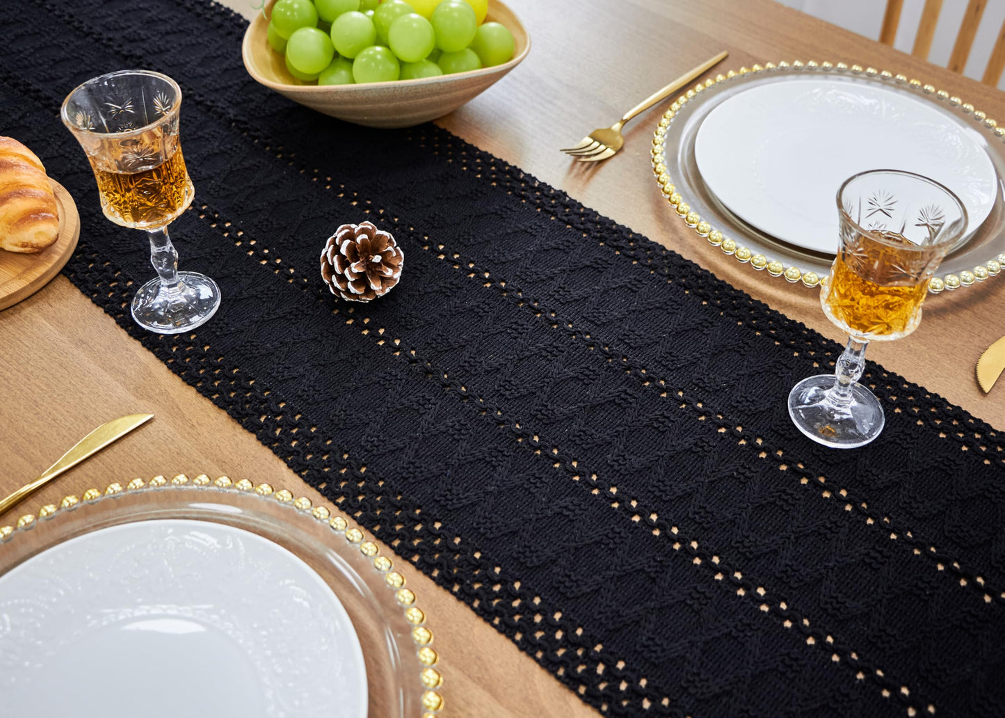 FEXIA Black Table Runner for Summer Home Decor with Tassels 108 Inches Long Farmhouse Rustic Black Halloween Table Runner Macrame Gothic Burlap Table Decoration for Living Room (12x108 Inches)