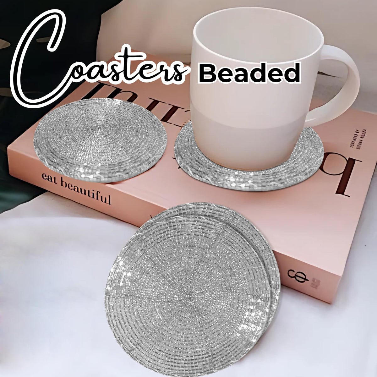 Silver Coasters Set of 4,Handmade Beaded Bar Drink Tabletop Protection Coasters - Halloween Harvest Autumn Fall Thanksgiving Holiday Christmas Xmas Celebration Festive Party 4" Round - Silver