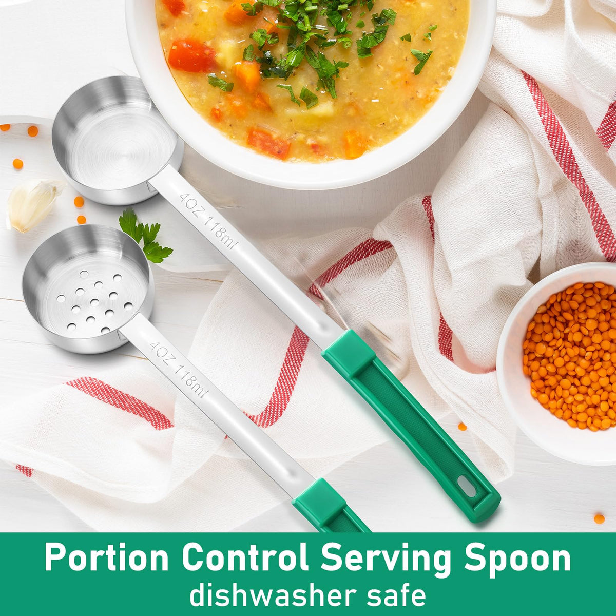 Teenyyou 8 Pcs Portion Control Serving Spoons Portion Scoops Cups Solid and Slotted Stainless Steel Ladle Spoon for Food, Serving Utensils Set for Parties(Green,4 oz)
