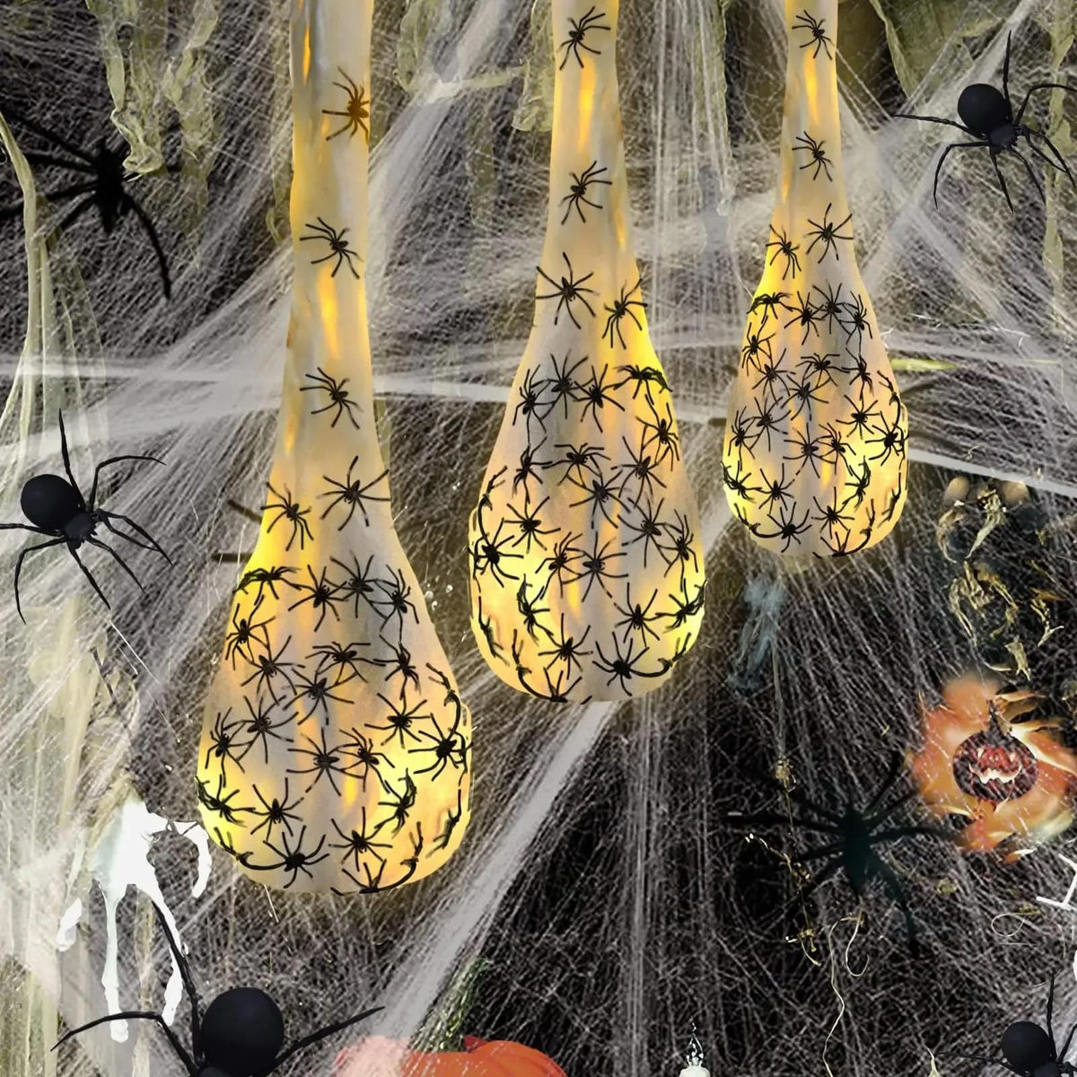 Vurlexat 3 Pack Halloween Spider Egg Sacs, 39 Inch Hanging Light Up Spider Egg Decoration, Halloween Spiders Webs Decor for Halloweens Props Party Gifts, Yard Garden Tree House Décor(Warm Light)