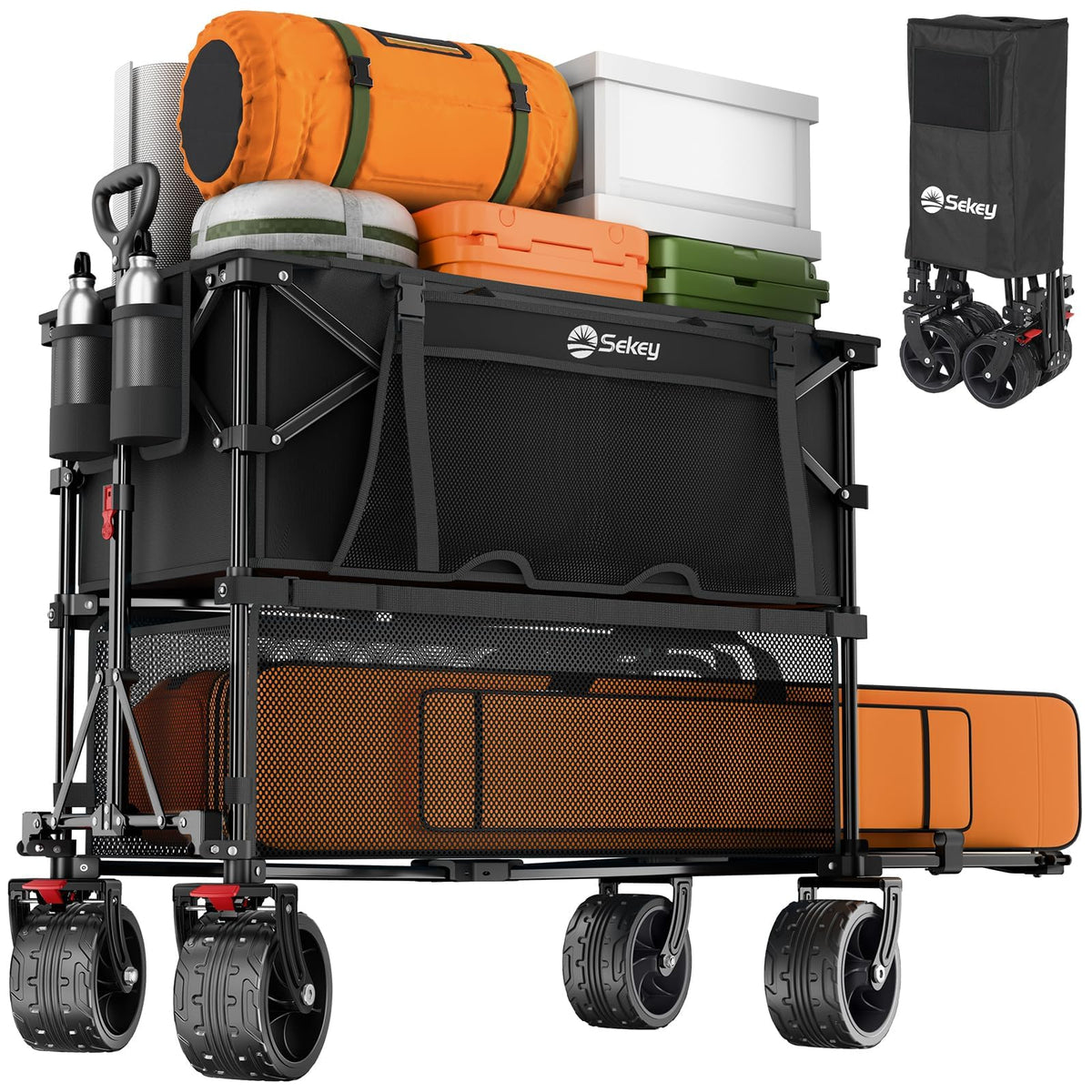 Sekey 500LBS Heavy Duty Double Decker Wagon with Extender, 400L Large Capacity Collapsible Garden Cart Fits 10x10 Canopy, All-Terrain Big Wheels with Brakes, Foldable Utility Wagon for Sports, Camping