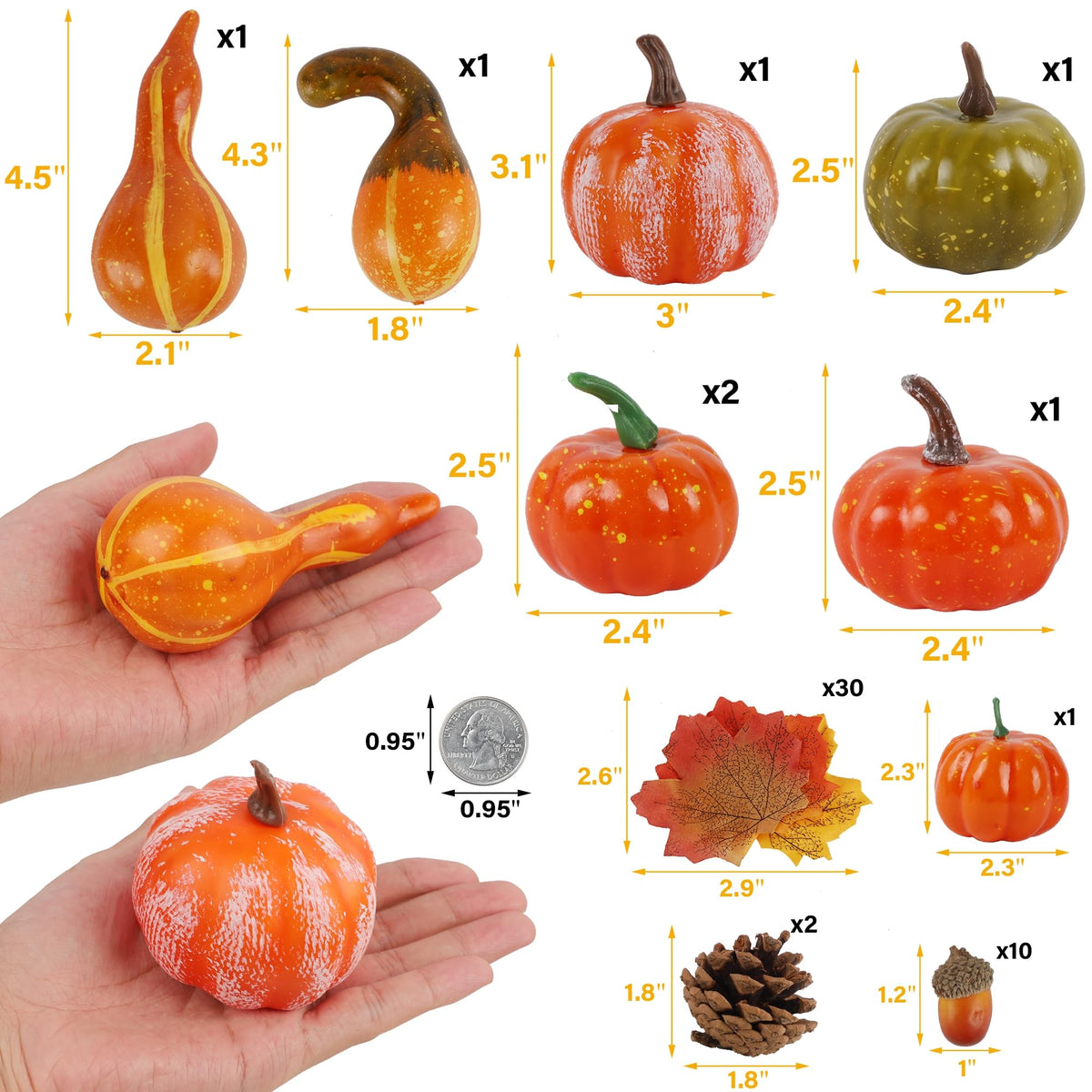 winemana Fall Decorations for Home-6pcs Mini Pumpkins & 2pcs Gourds, 30pcs Leaves & 10pcs Acorns, 2pcs Pinecones Centerpiece Set-Harvest Decor for Table Mantel (Largest: 4.5" x 2.1")