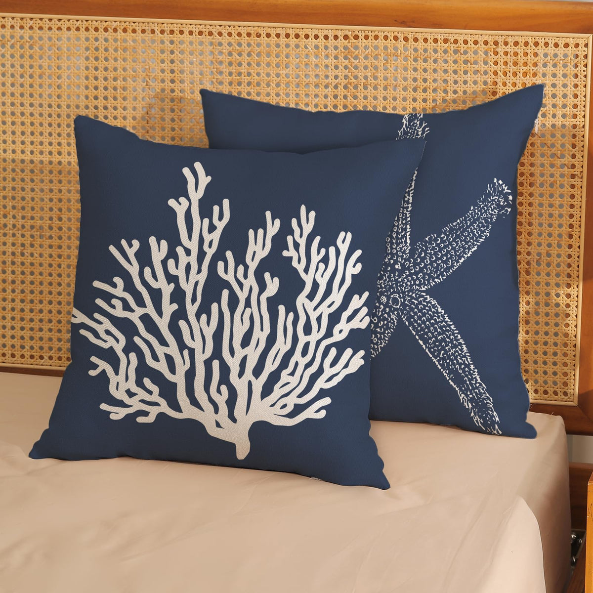Blue Starfish Pillow Covers 18x18 Inch Set of 2, Nautical Ocean Coastal Blue Coral Throw Pillows Spring Summer Decorations Linen Pillowcase Outdoor Decor Farmhouse Cushion Case for Home Holiday