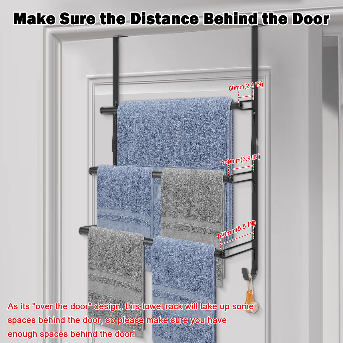 Livabber 3-Tier Over The Door Towel Rack, All Metal Towel Rack with Hooks for Door Hanging, Behind Door Towel Bar Towel Storage Holder for Bathroom Accessories, Black (19.37" L x 5.9" W x 24.4" H)