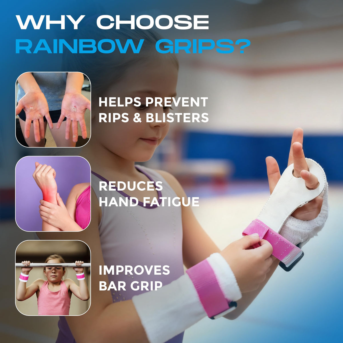 Gibson Athletic Rainbow Gymnastic Grips, 3 SIZES, Medium, Large, X-Large, 3 COLORS, Pink, Blue, Black, MADE IN USA, Beginner Gymnastic Hand Grips, UNISEX, Fit For Kids AND Adults, Long Lasting Leather