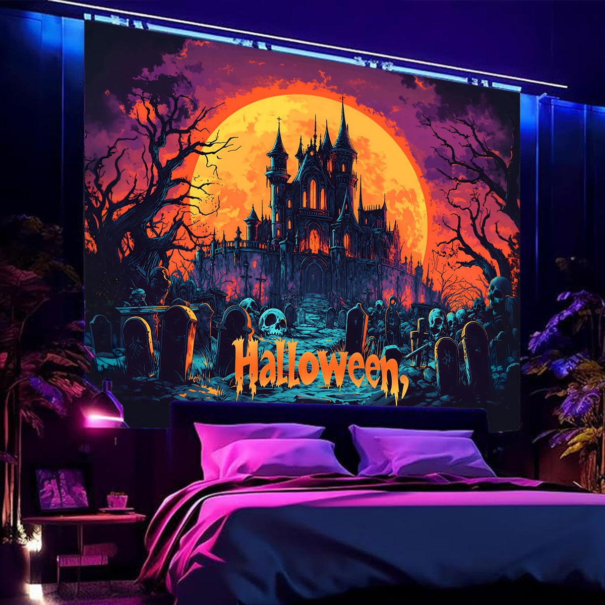 BSFHH Black Light Tapestry – UV Reactive Glow in the Dark Wall Hanging, Spooky Night Scene with Ghosts & Pumpkins, Haunting Home Decor for Parties, Bedroom, or Dorm (GHOST TOWN, 90L x 70W, Unframed)
