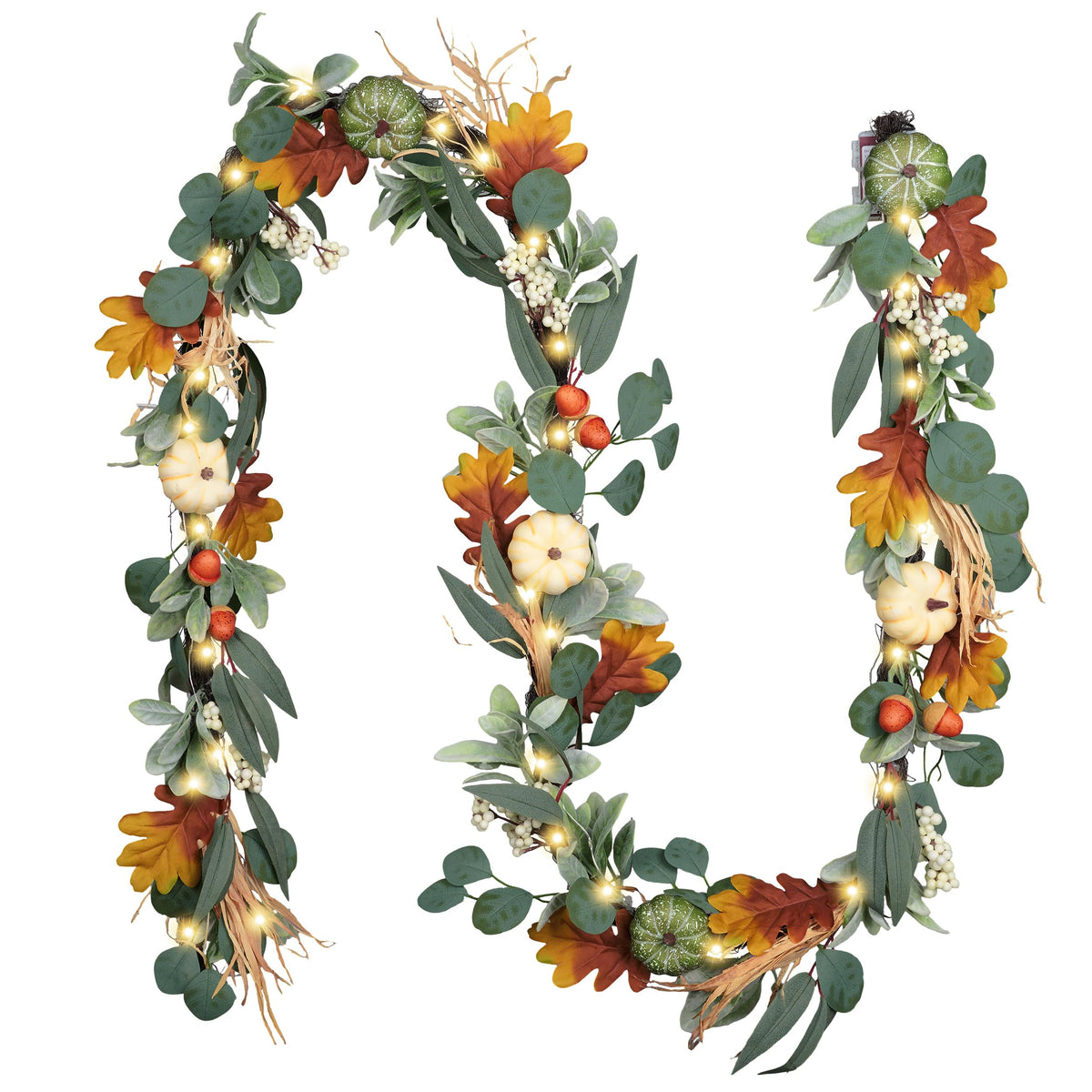 Valery Madelyn Fall Garland for Mantle, 9ft Lambs Ear Leaves Garland with Lights White Pumpkins Thanksgiving Table Centerpiece, Fall Autumn Decorations for Home Porch Fireplace Outdoor Halloween Decor