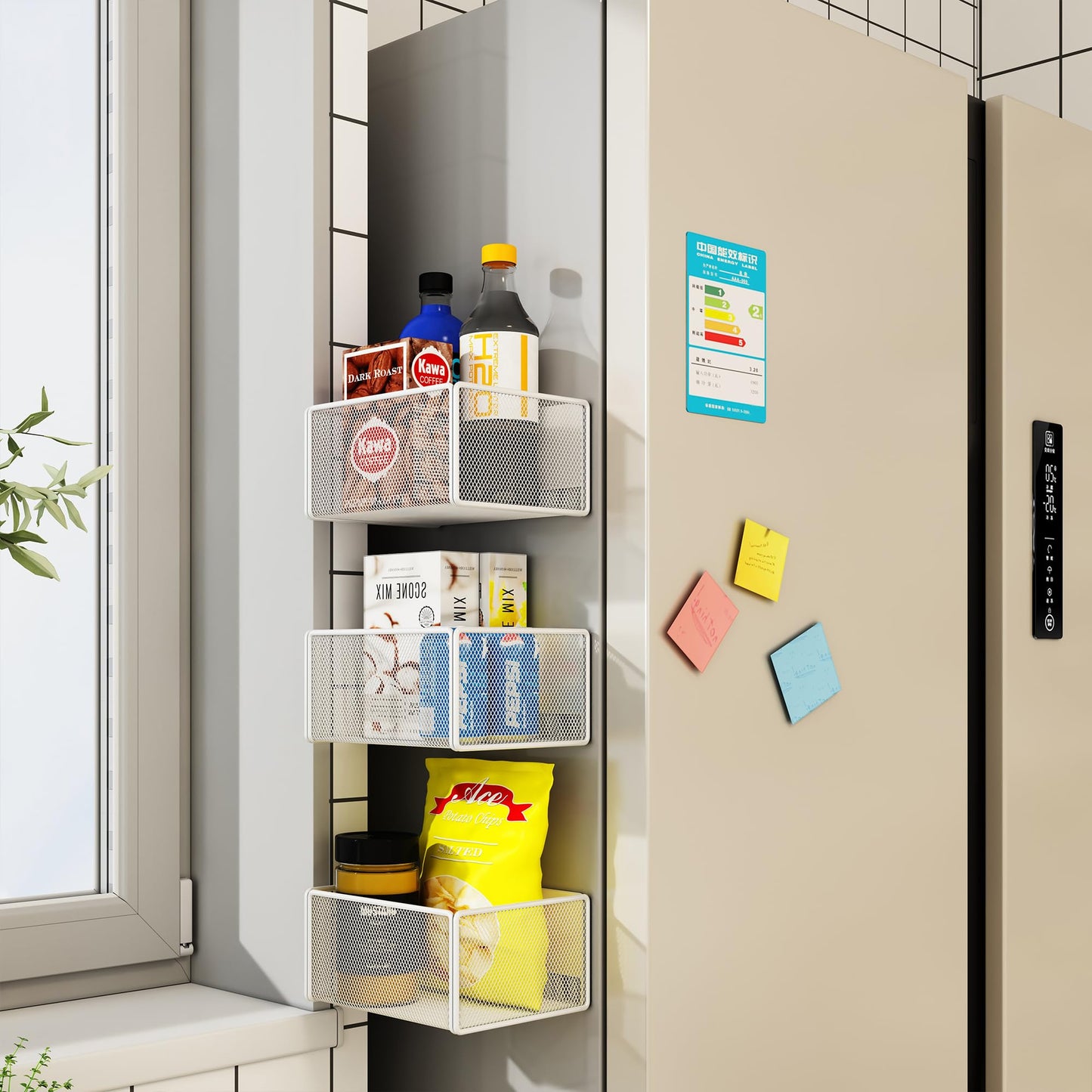 LIFEFAN Magnetic Basket Organizer Holder for Fridge Magnetic Storage Bin Box Containers for Refrigerator Whiteboard Classroom (Small, White)