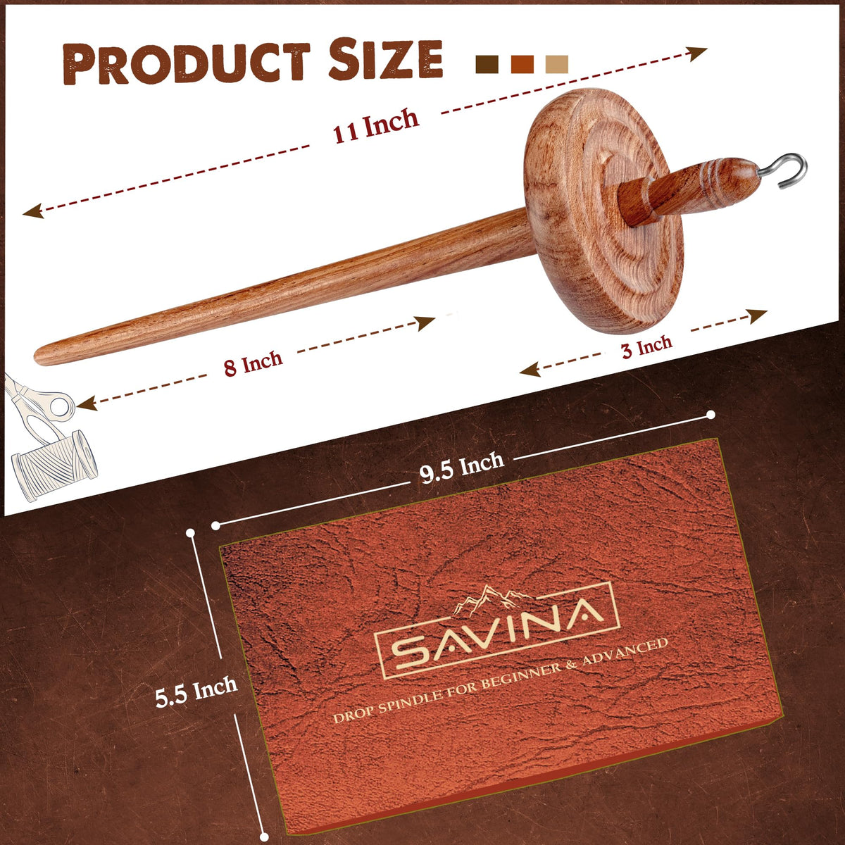 Savina Wooden Hardwood Drop Spindle Top Whorl Yarn Spinner Wheel for Beginners & Advanced,Hand Spinning, Spin Roving into Yarn - Ideal for Sewing Projects