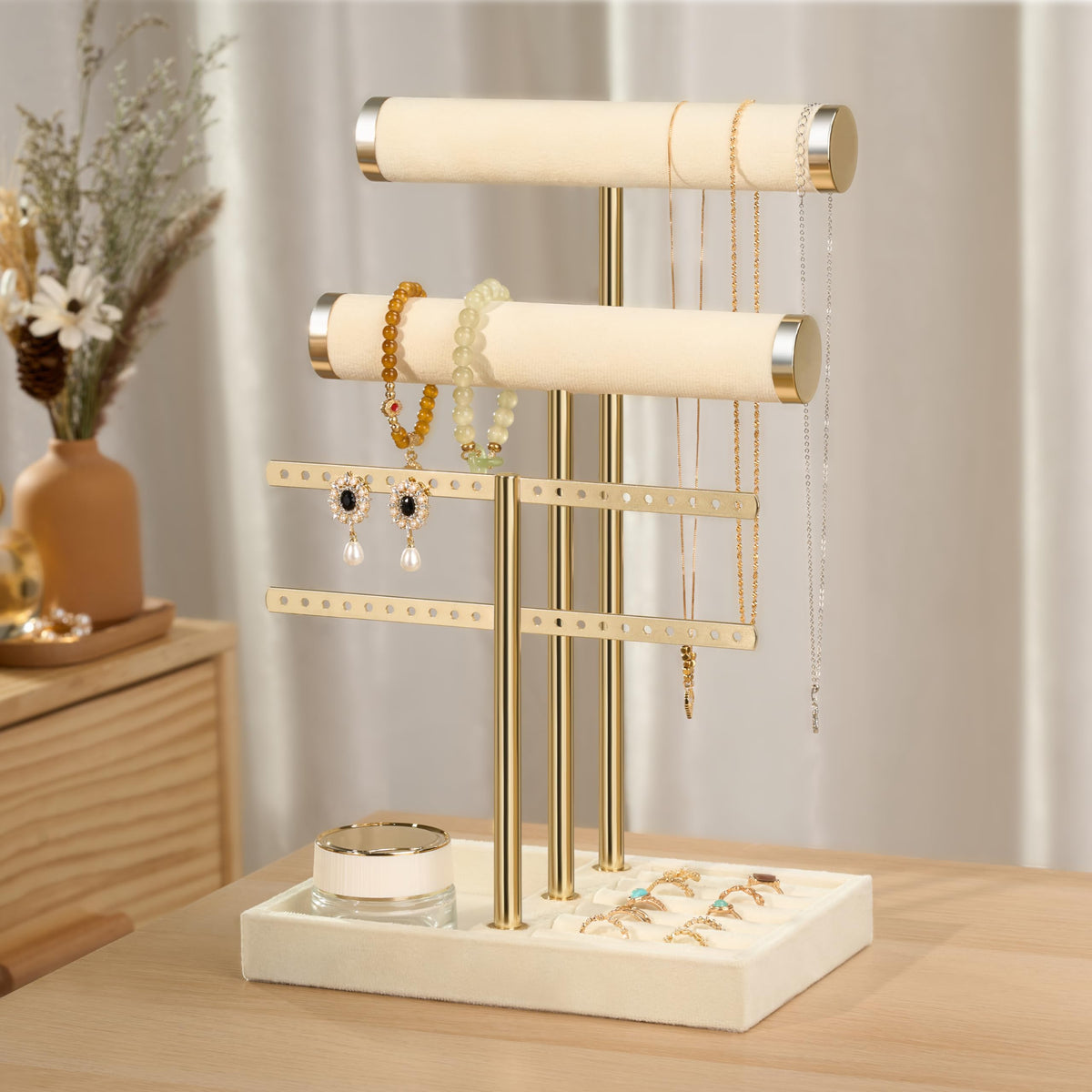 bussdis 3 Tier Bracelet Holder Display - Detachable T Bar Beige Velvet Bracelet Holder, Jewelry Holder Organizer for Bracelet, Necklace, Earrings, Rings