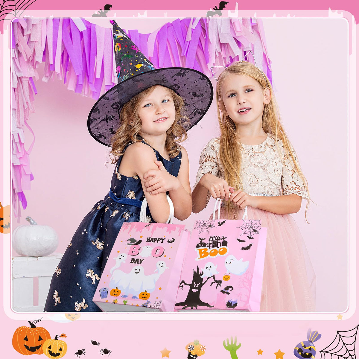 Kolldenn 48 Pink Halloween Snack Bags with Handle Hey Boo Treat Bags Bulk Pink Party Favors for Halloween Parties & Decor