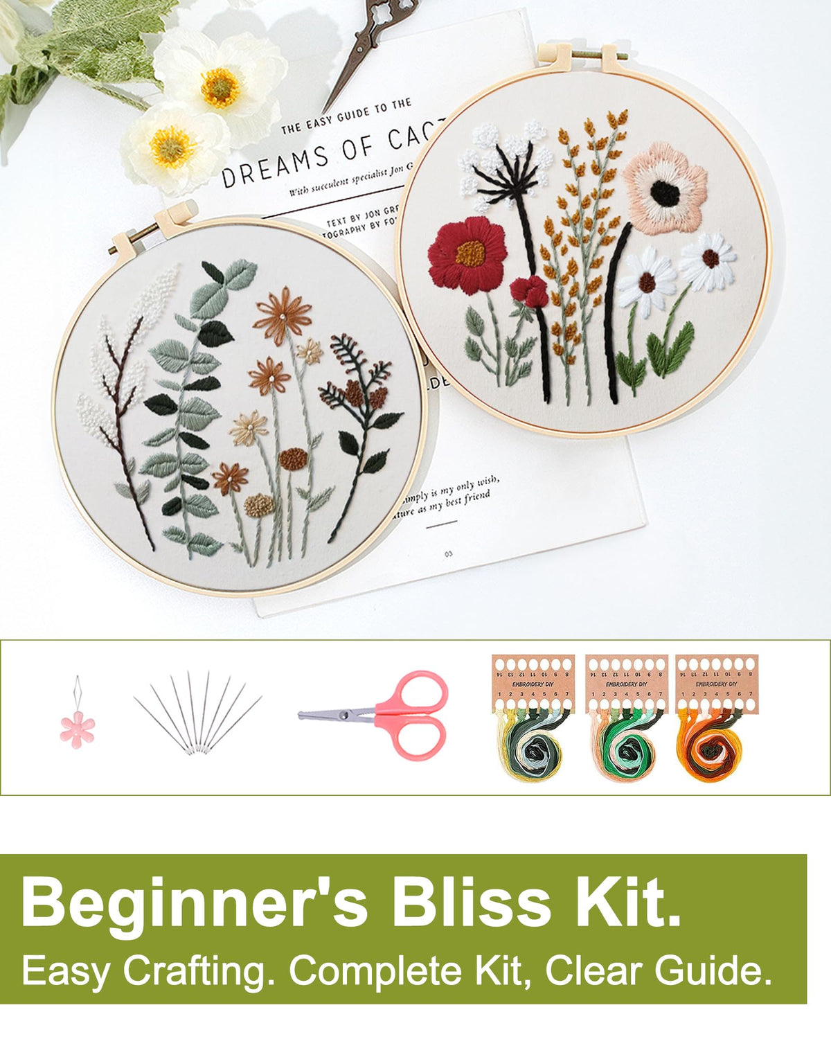 Santune 3 Sets Embroidery Kit,Cross Stitch Kits for Beginners,Needlepoint Kits for Adults with Easy Floral Pattern Hand Crafts,Hoop,Needle,Mothers Day Gifts