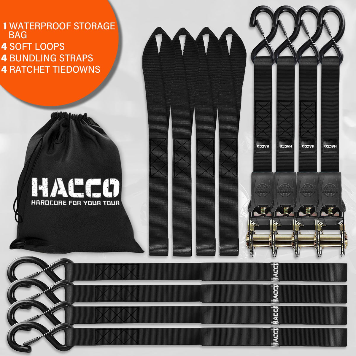 Haccoplanet Ratchet Tie Down Straps, 2340lb Break Strength, 4pc 1inch x 16FT Tie Down Strap Set with Padded Handles & Coated S Hook W/Safety Clip, Cargo Strap Tie Down for Motorcycle, Truck (Black)