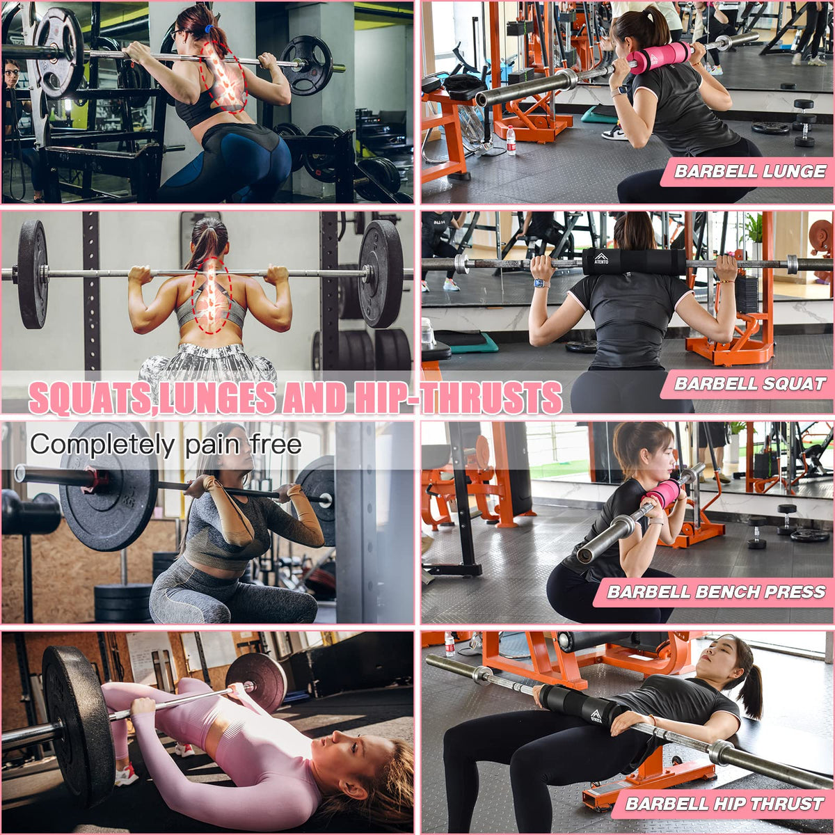 ATENTO 10 Pcs Barbell Pad Set, Hip Thrust Pad for Bench Press, Lunges, Workout, Leg Exercise, Squat Bar Pad (Pink)