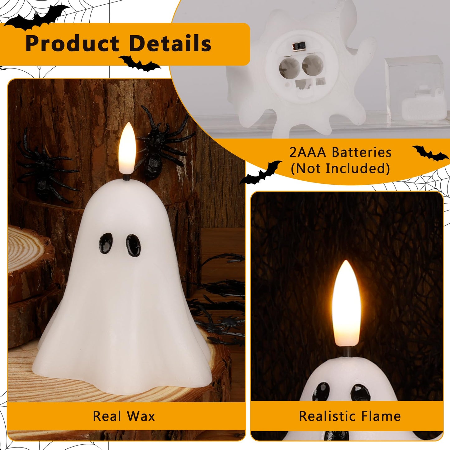 AFINETH Halloween Flameless Candles with Remote, Real Wax Ghost LED Candles, Flickering Battery Operated Fake Candle, Halloween Decorations for Table,Fireplace, Home, Party, Festival Decor (Set of 3)