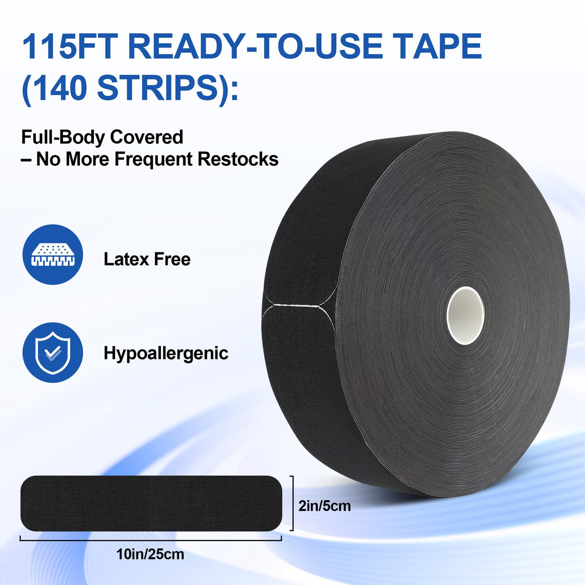 PHYTOP Kinesiology Tape Precut - 115ft (140 Strips) Bulk Roll, Latex-Free & Water-Resistant Athletic Tape - Muscle & Joint Support for Sports, Workouts (Black)