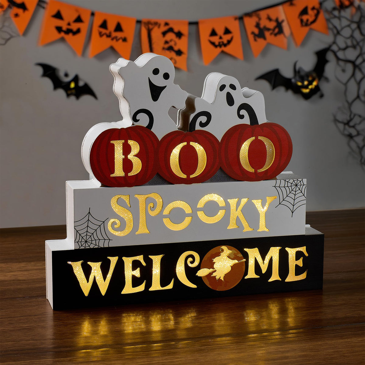 WBao Halloween Decorations Indoor 9.4inch Premium Wooden Block Set with Glowing 3D Letters, Timer, Battery Powered Rustic Farmhouse Centerpiece for Home, Table, Mantel, Shelf Halloween Party Decor