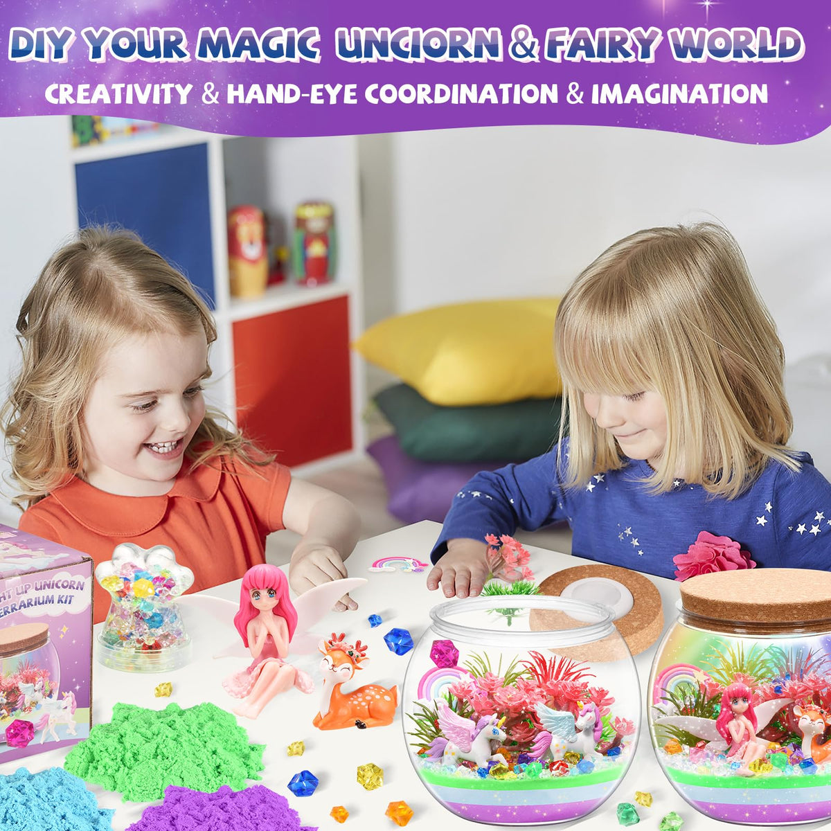 Kaivee 2 Theme in 1 Jar Light Up Unicorn Terrarium Kit & Night Light Fairy Terrarium Kit Creativity DIY Aarts Crafts for Girls Toys Ages 4 5 6 7 8 Year Old Girl Birthday Gifts