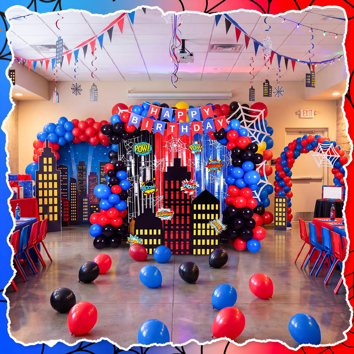 Sliner 47 Pcs Spider Web Birthday Decorations, Tinsel Foil Fringe Curtains Balloons Skyscraper City Boxes set, Spider Party Supplies Red Black Blue Photo Booth Prop Backdrop Streamer, Backdrop Decor