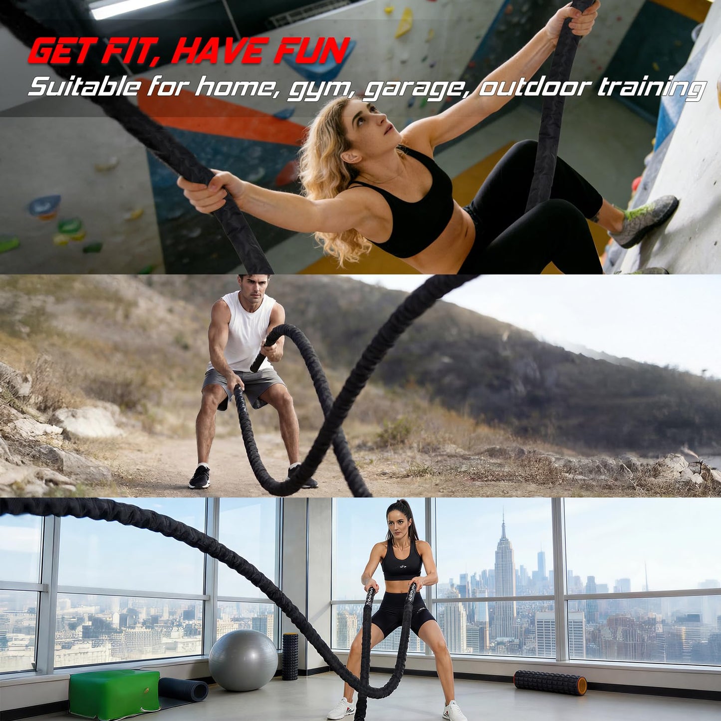 Battle Rope for Home Gym Workout - 1.5 Inch 30ft Heavy Weighted Training Exercise Ropes Fitness Equipment with Sleeve and Anchor Strap Kit for Outdoor Working Out