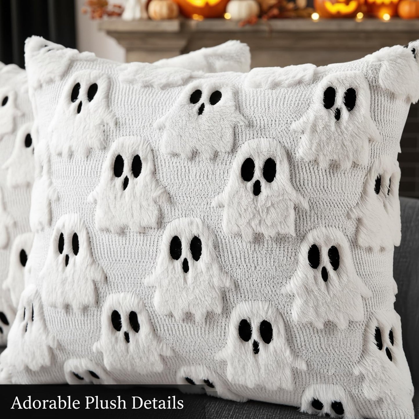 zmzdp 2PCS Halloween Pillow Covers, 18x18 inch White Ghost Throw Pillow Covers, Faux Fur Soft Couch Cushion Case, Fluffy Plush Accent Throw Pillow Case for Halloween Home Decor Indoor