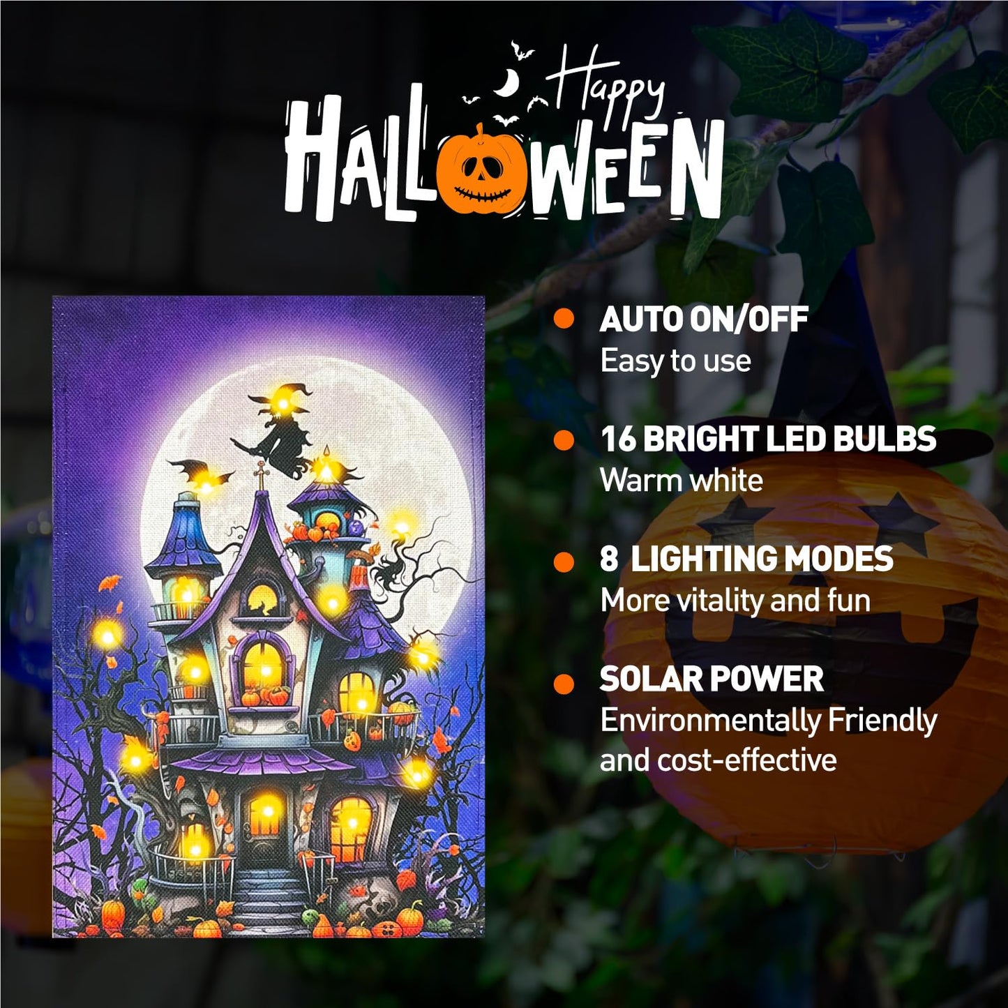 Vigor Home Solar Lighted Halloween Garden Flag Double Sided 12×18 Inch, 8 Modes Led Small Vertical Haunted House Pumpkin Witch Full Moon Yard Flags for Outside Front Porch Lawn Outdoor Decor