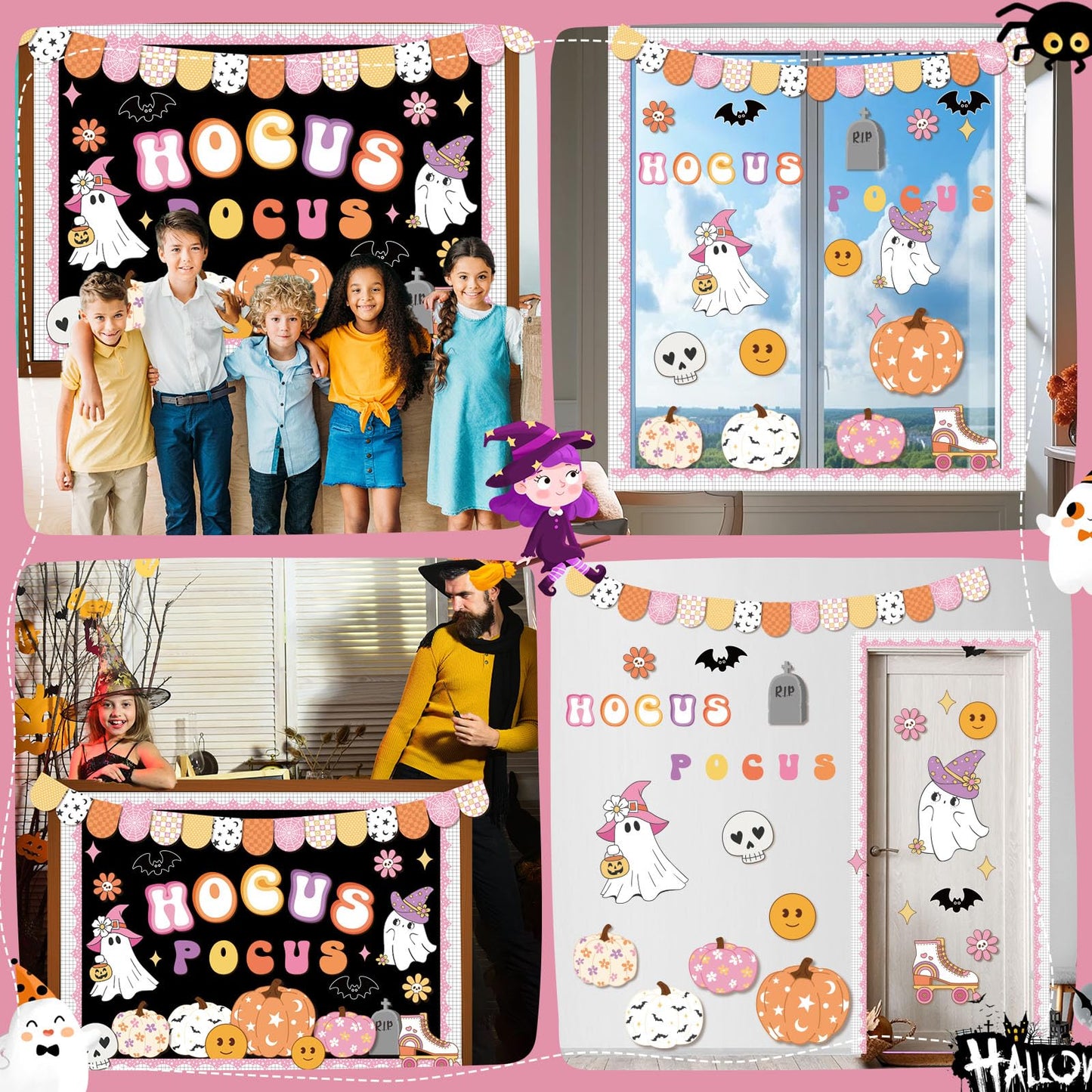 Pasimy Halloween Bulletin Board Decorations Set Halloween Theme Classroom Decor Spider Bat Ghost Pumpkin Cutouts with Borders for Home School Party Supplies (Hocus Pocus)