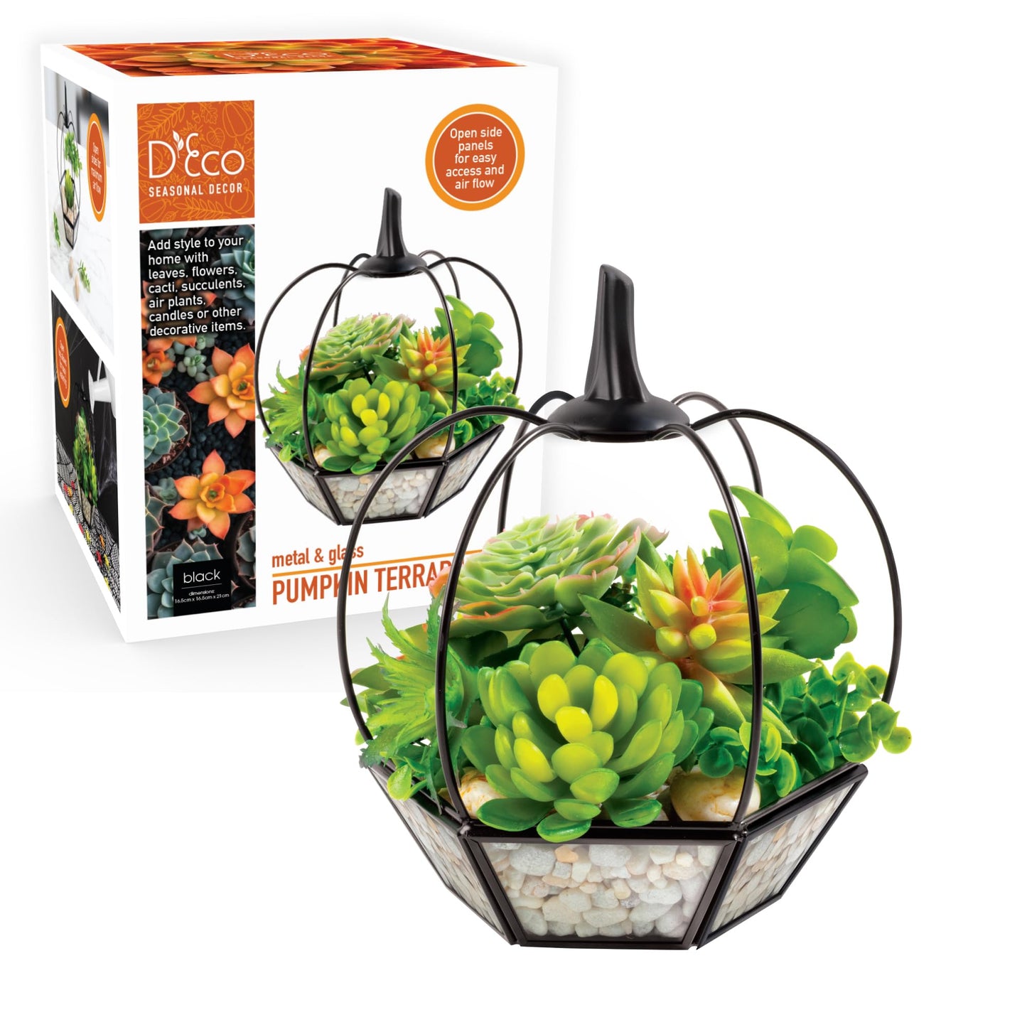 Thanksgiving Table Centerpiece - Pumpkin Glass Terrarium (7x7x8)- Rustic Fall Tabletop Decor - Artificial Pumpkin for Home, Kitchen, Office Decorations- Autumn Plant Garden Display- Black Trim Planter
